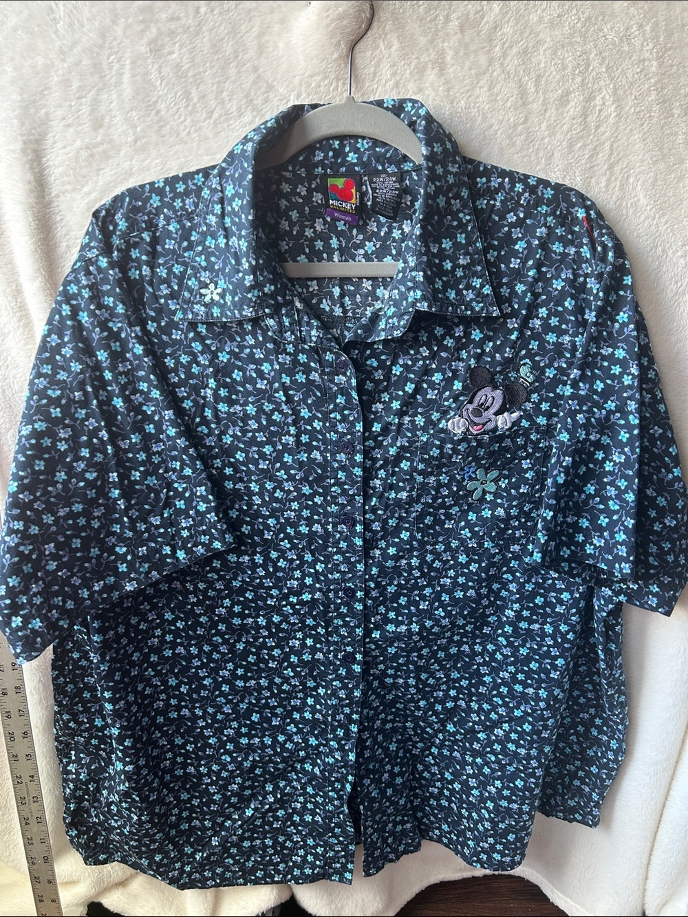 Vintage Disney Mickey Floral Short-Sleeve Button-Up Shirt - Navy Blue 22W/24W